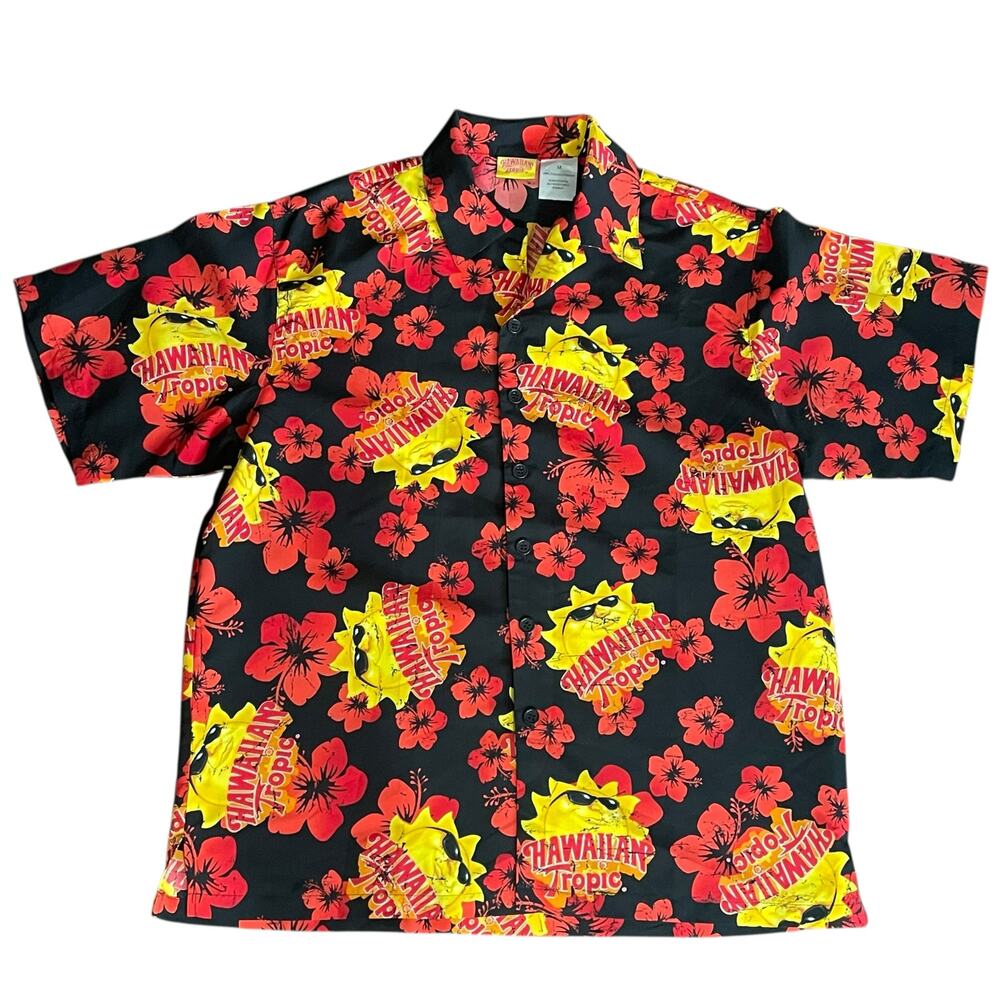 Hawaiian Tropic Novelty Print Hawaiian Shirt Men Size M Short Sleeves Button Up